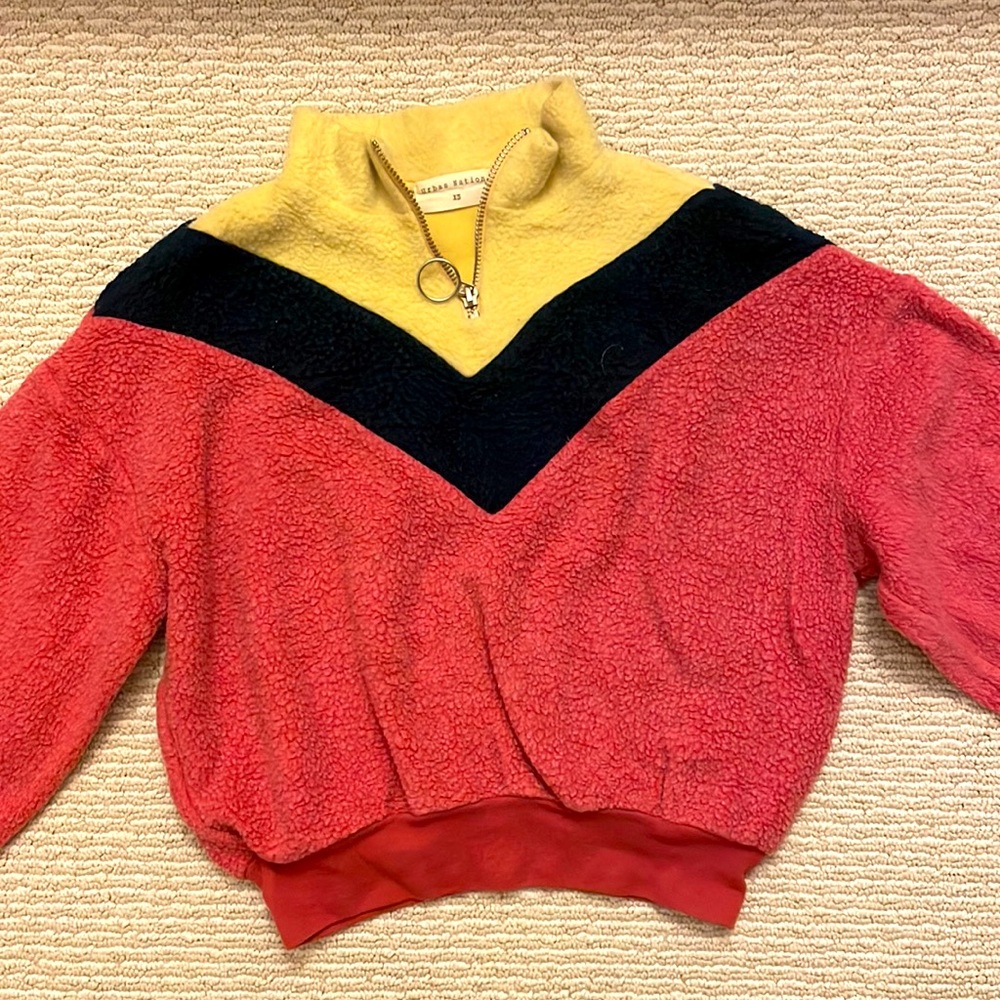 Urban Nation Cropped Red Navy Yellow Color Block Fleece Material Quarter Zip